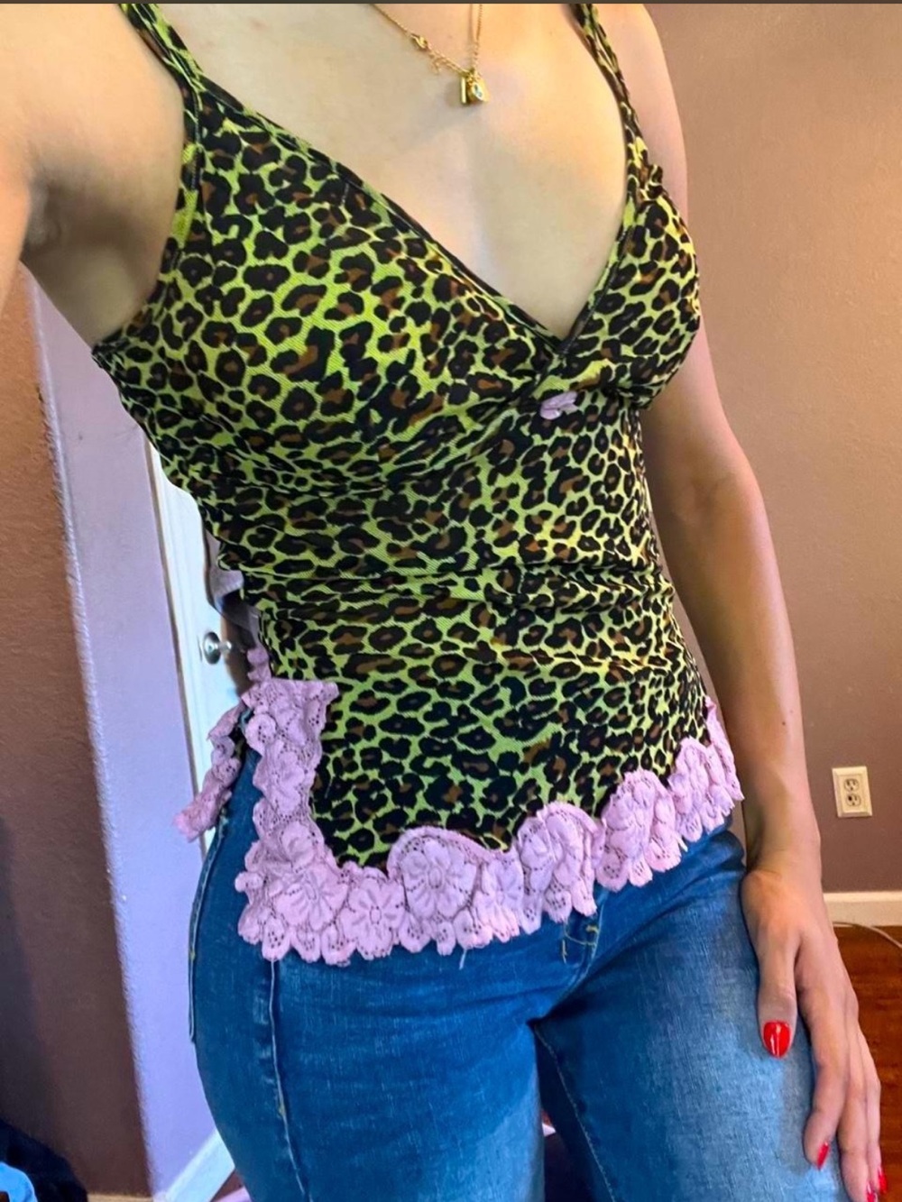 Secret Treasures Leopard Cami with Pink Lace Trim